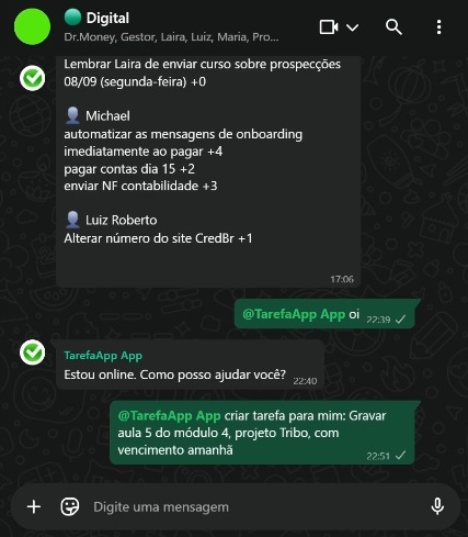 Gestor de tarefas no WhatsApp.